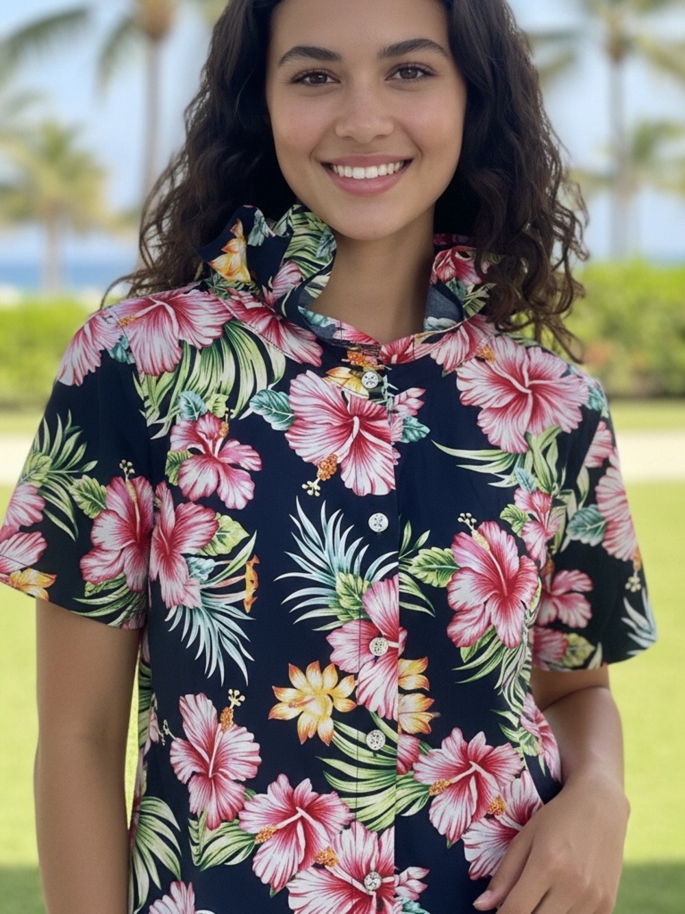 Tropical Floral Button-Up Shirt - PTP 27 length 21